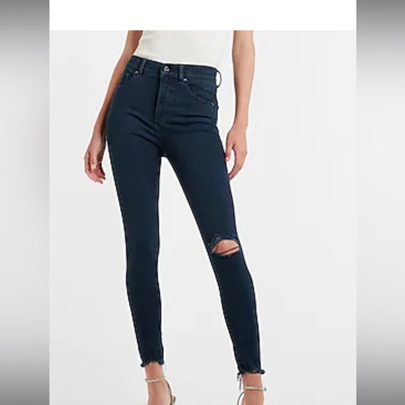 Express Denim - Express high waisted dark wash ripped raw hem super soft skinny jeans size 0